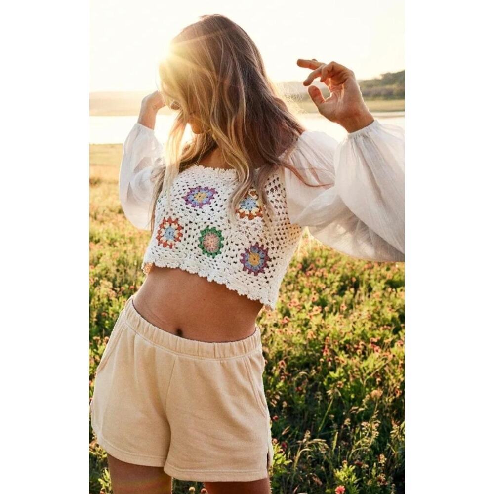 Aerie 100% Cotton Crochet Granny Square Floral Boho Longsleeve Size XS